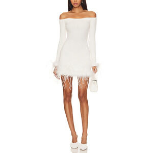 Lovers And Friends 'Ellerie' White Off Shoulder Feather Knit Mini Dress Size S